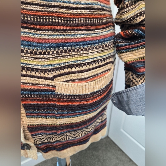 EDDIE BAUER LONG LINE BUTTON FRONT CARDIGAN COTTON SWEATER TAN STRIPE WOMEN S - Picture 15 of 15